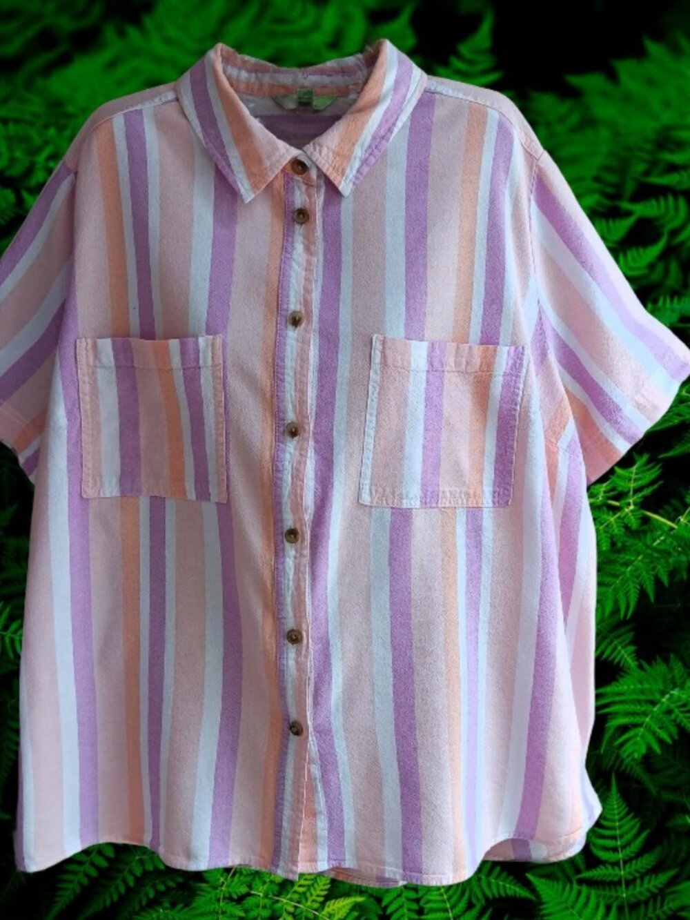 Terra & Sky Womens Striped Top Blouse Button Front Short Sleeves Size 2X